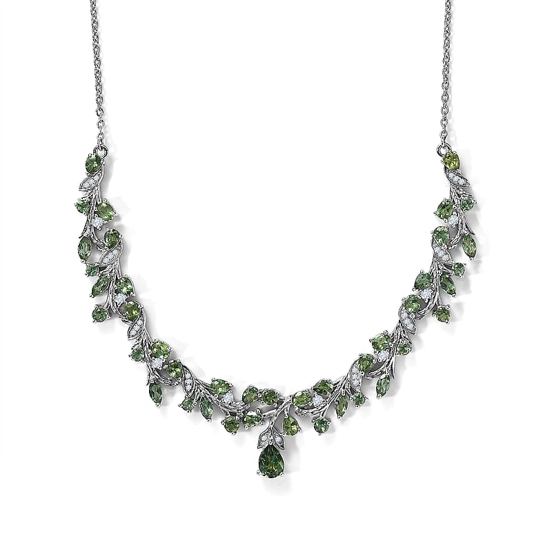 D'Joy Premium Tanzanian Natural Green Apatite and Moissanite 7.70 ctw Necklace in Rhodium Over Sterling Silver 18 Inches