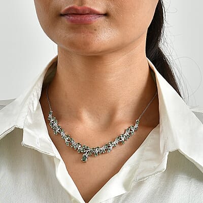 D'Joy Premium Natural Green Apatite and Moissanite 7.70 ctw Forest Whisper Necklace in Rhodium Over Sterling Silver