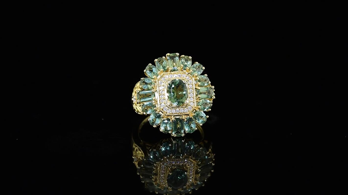 D''Joy Premium Tanzanian Natural Green Apatite, Moissanite Ring in 18K Vermeil YG Over Sterling Silver (Size 7.0) 4.85 ctw