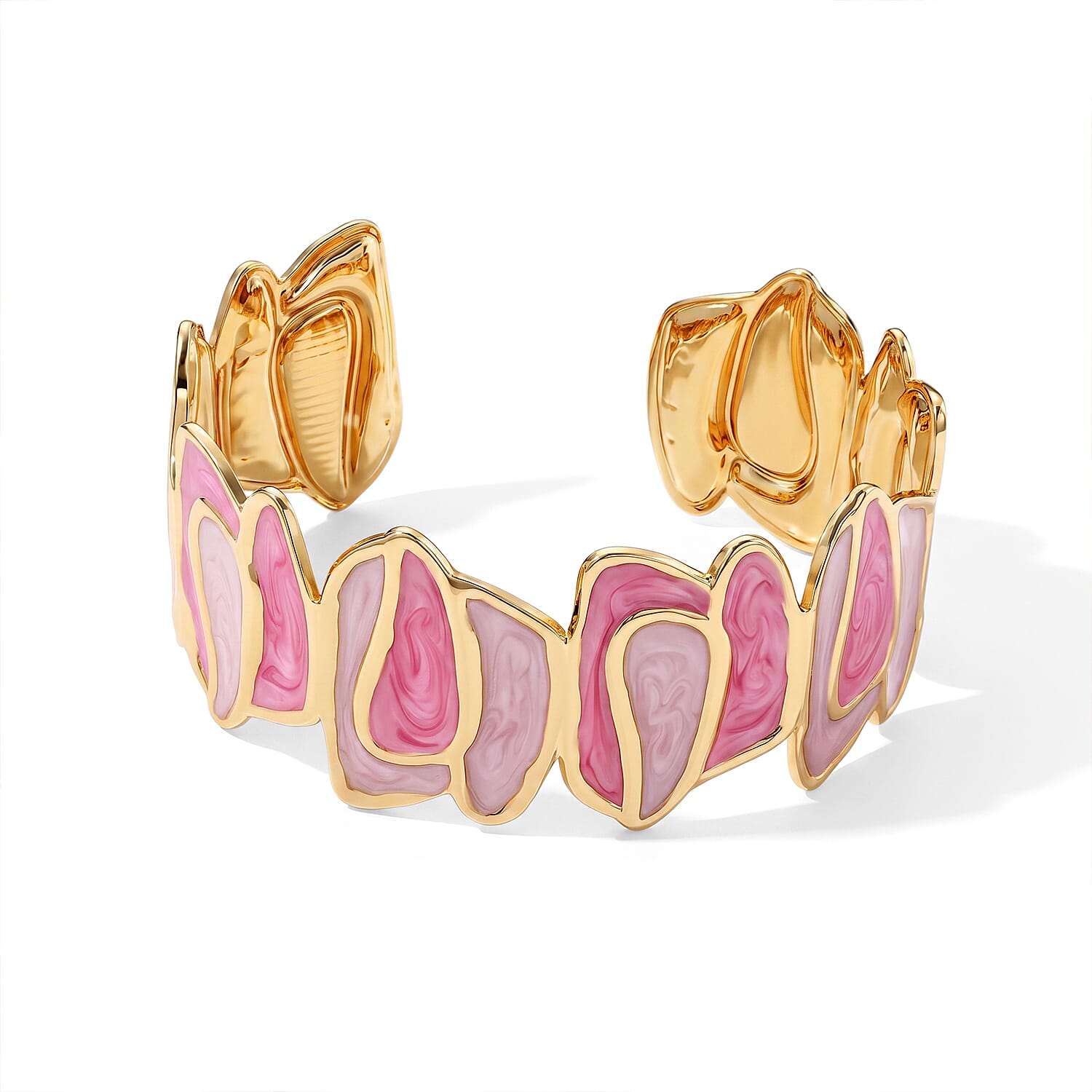 Fashionable Pink Enameled Mosaic Cuff Bracelet in ION Plated YG Stainless Steel (7-7.5In)