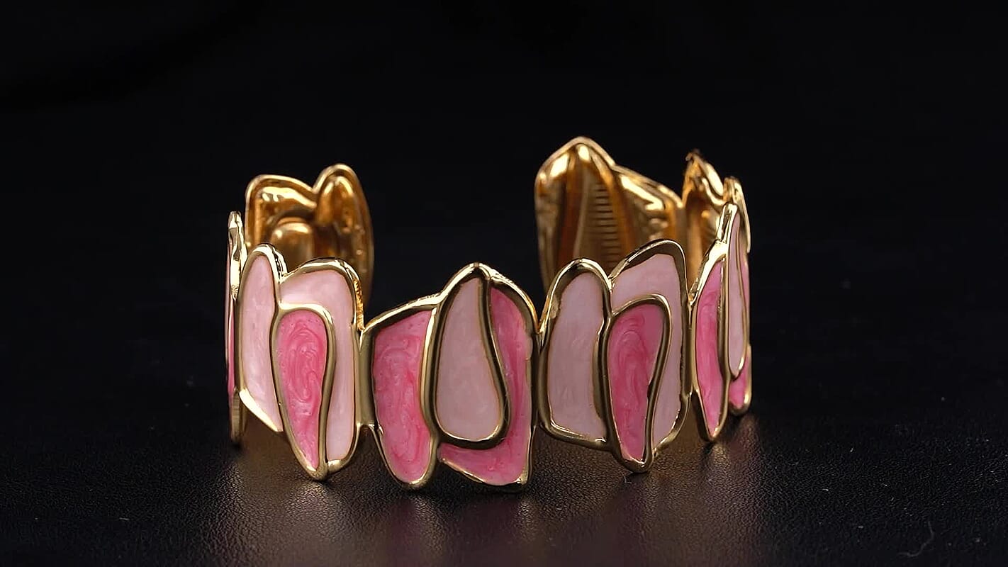 Pink Enameled Mosaic Cuff Bracelet in ION Plated YG Stainless Steel (7-7.5In)