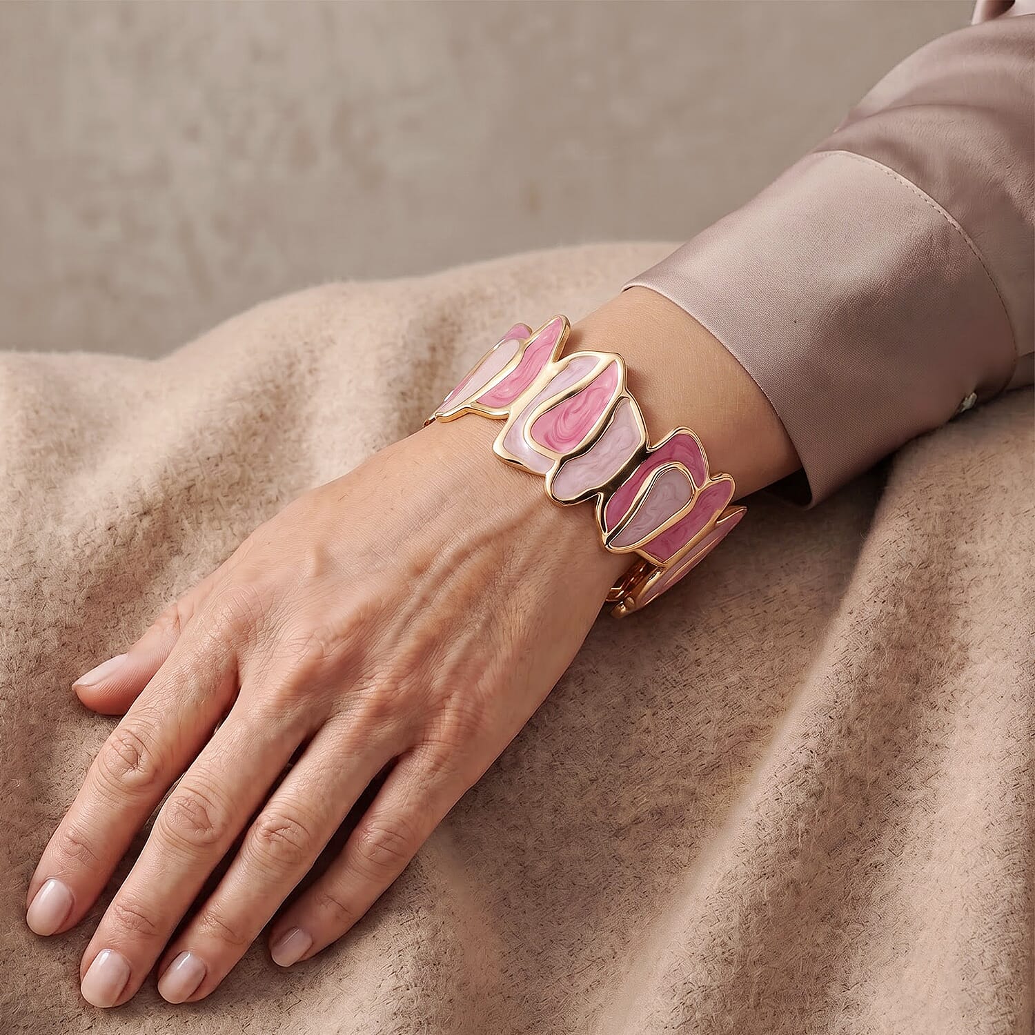 Fashionable Pink Enameled Mosaic Cuff Bracelet in ION Plated YG Stainless Steel (7-7.5In)
