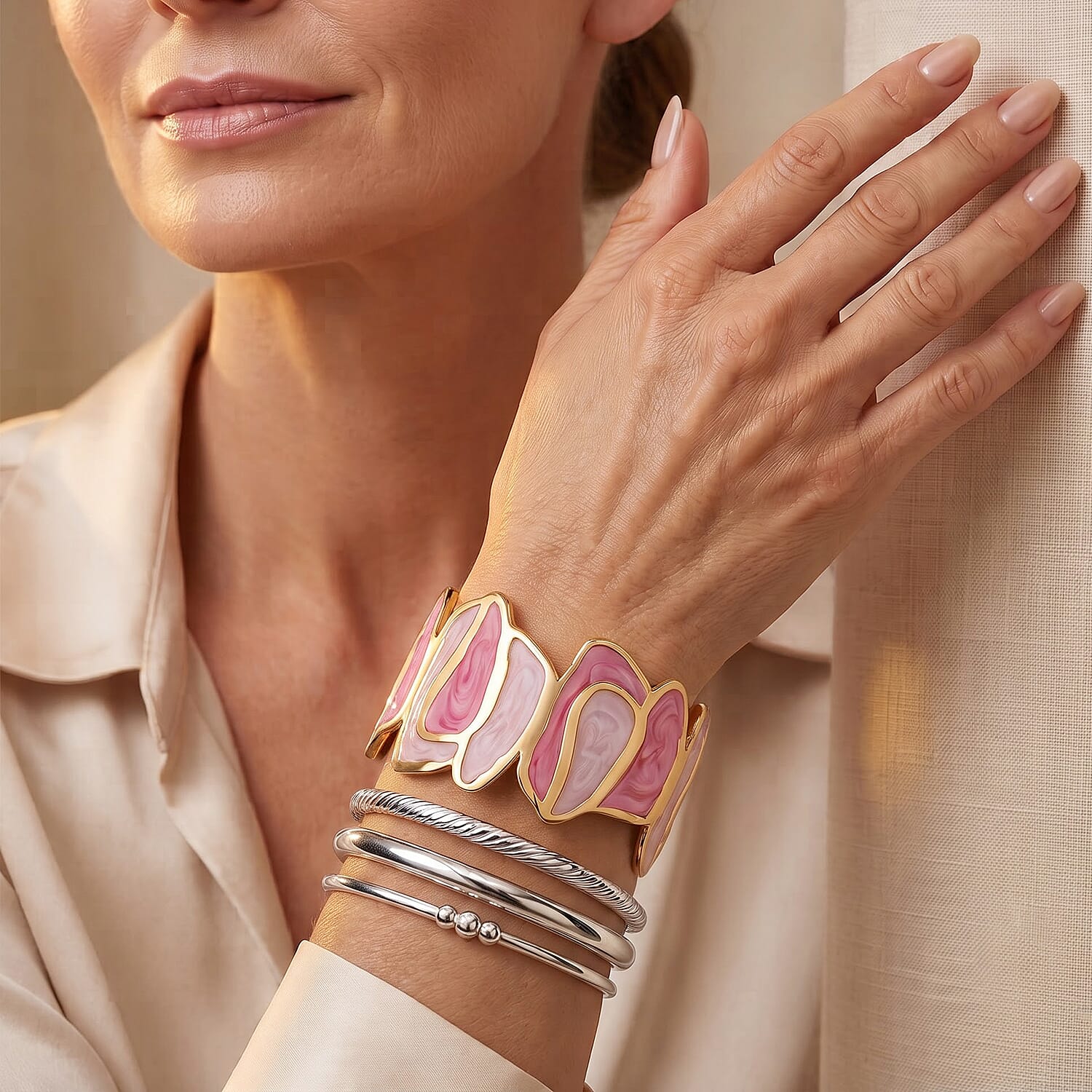 Fashionable Pink Enameled Mosaic Cuff Bracelet in ION Plated YG Stainless Steel (7-7.5In)