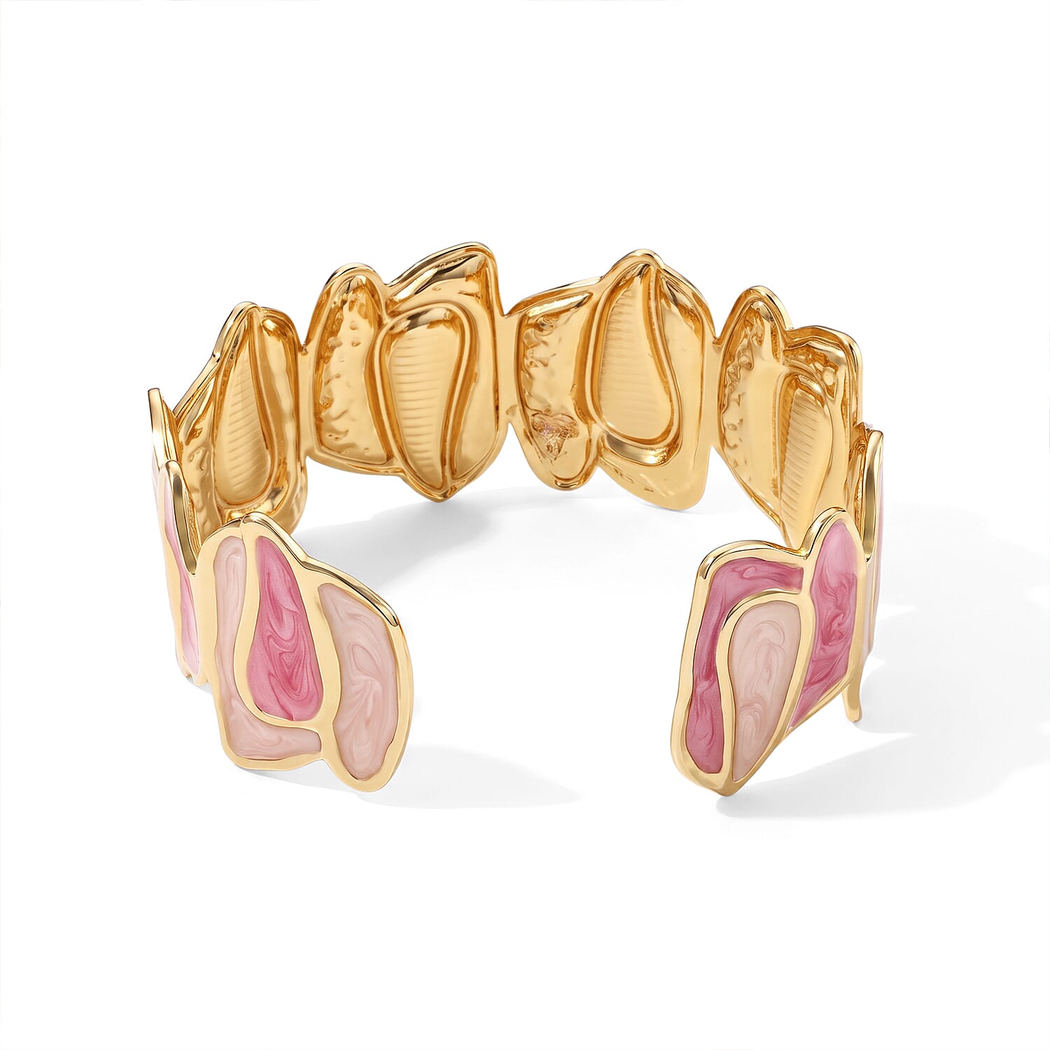 Fashionable Pink Enameled Mosaic Cuff Bracelet in ION Plated YG Stainless Steel (7-7.5In)