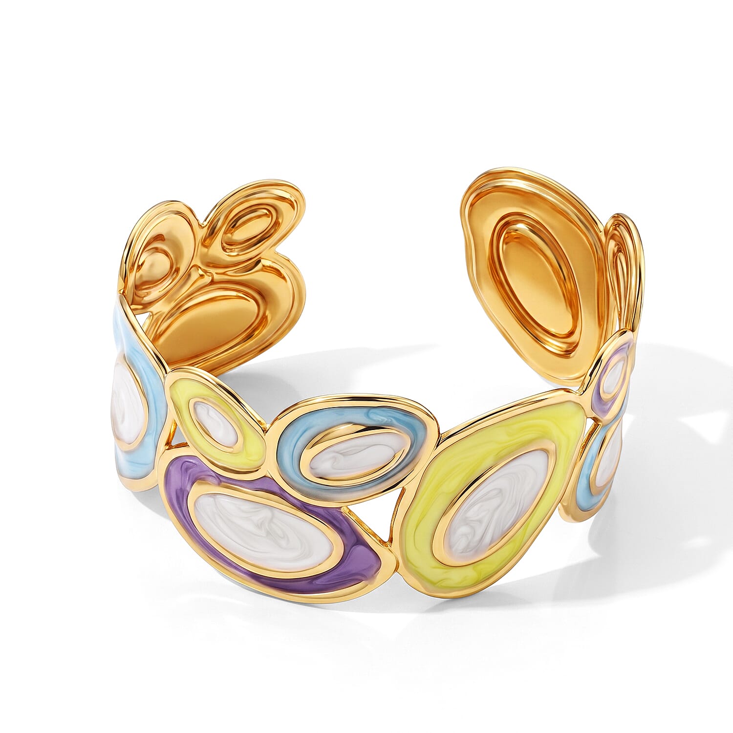 Fashionable Multi Enameled Mosaic Cuff Bracelet in ION Plated YG Stainless Steel (6.5-7In)