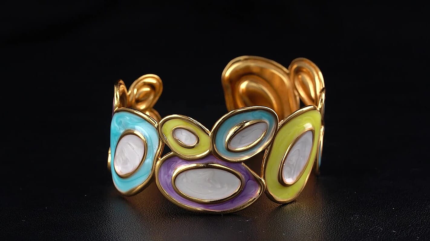 Multi Enameled Mosaic Cuff Bracelet in ION Plated YG Stainless Steel (6.5-7In)