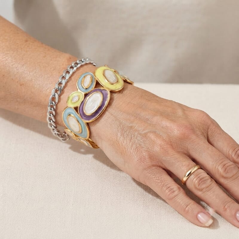 Fashionable Multi Enameled Mosaic Cuff Bracelet in ION Plated YG Stainless Steel (6.5-7In)