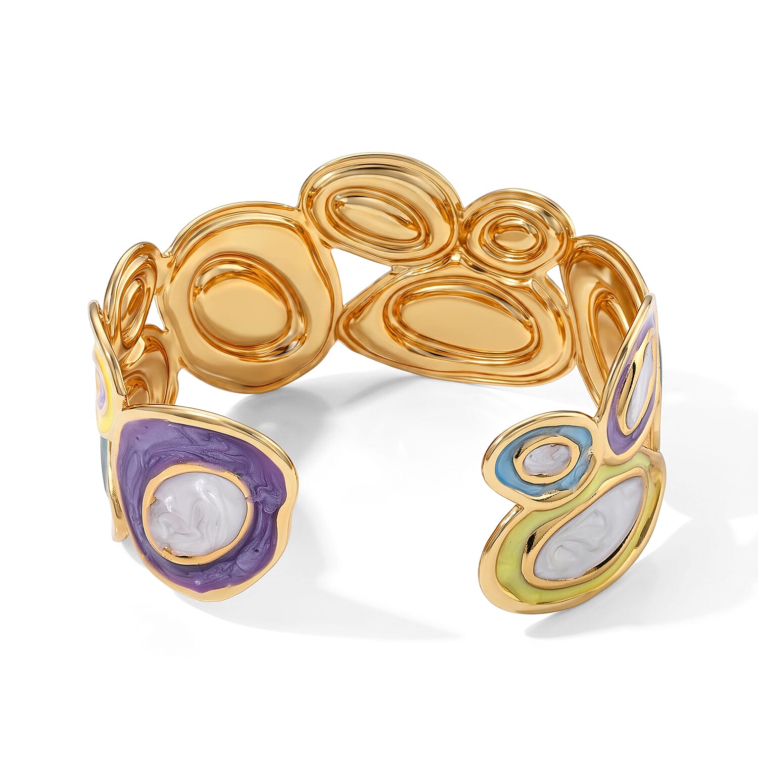 Fashionable Multi Enameled Mosaic Cuff Bracelet in ION Plated YG Stainless Steel (6.5-7In)
