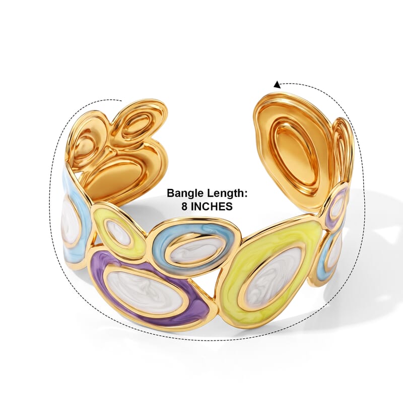 Fashionable Multi Enameled Mosaic Cuff Bracelet in ION Plated YG Stainless Steel (6.5-7In)