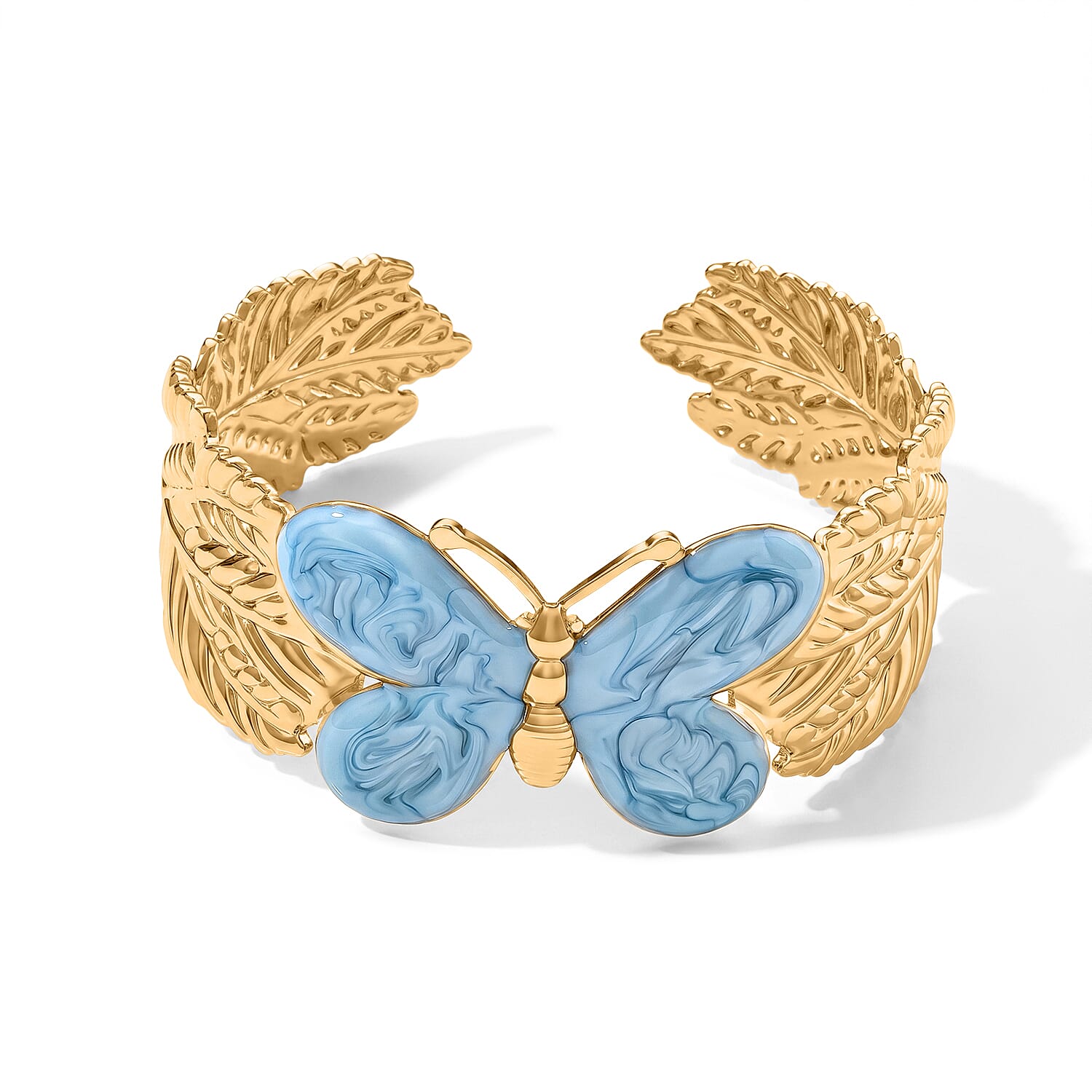 Fashionable Blue Enameled Butterfly Cuff Bracelet in ION Plated YG Stainless Steel (6.5-7In)