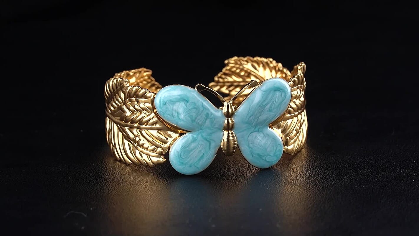 Blue Enameled Butterfly Cuff Bracelet in ION Plated YG Stainless Steel (6.5-7In)