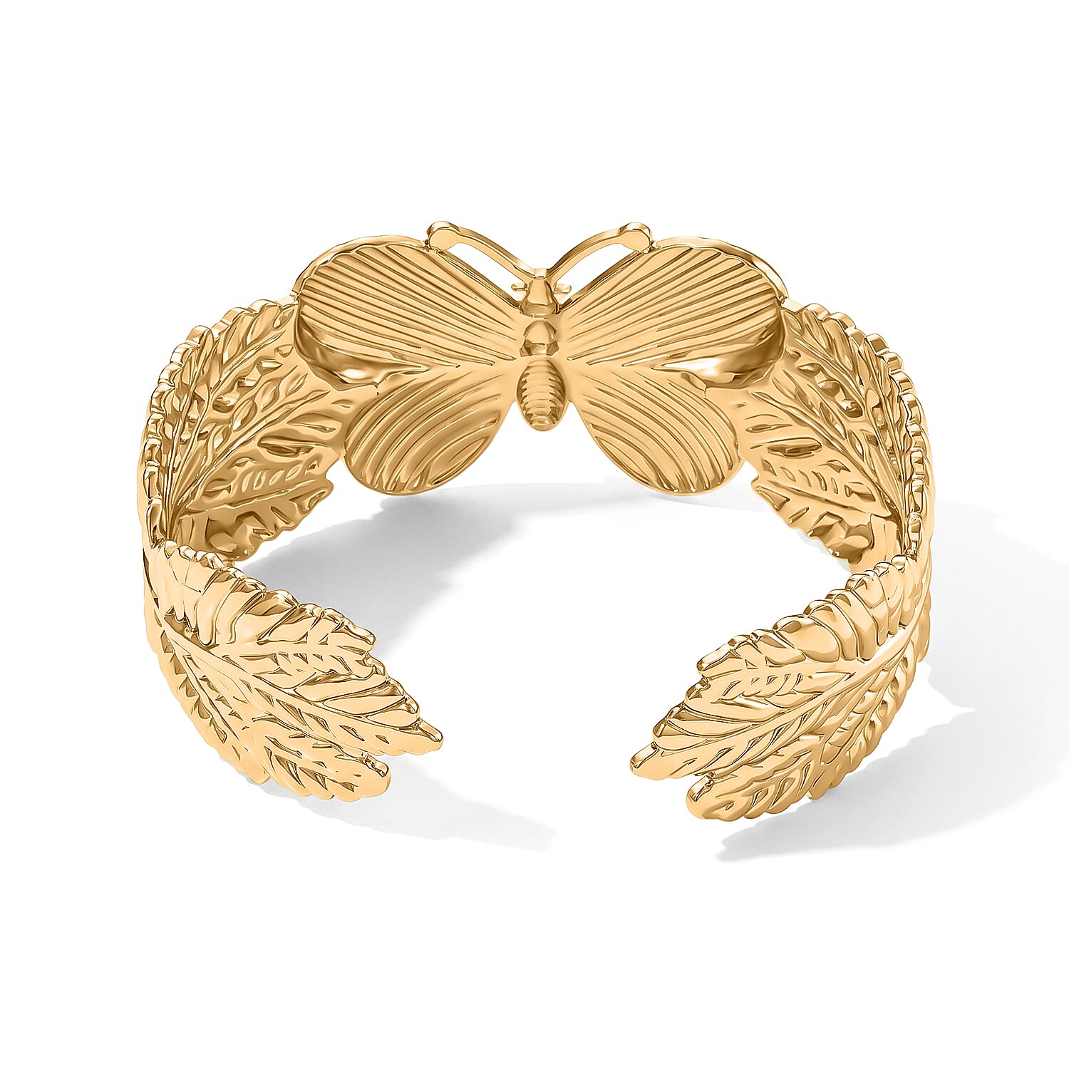Fashionable Blue Enameled Butterfly Cuff Bracelet in ION Plated YG Stainless Steel (6.5-7In)