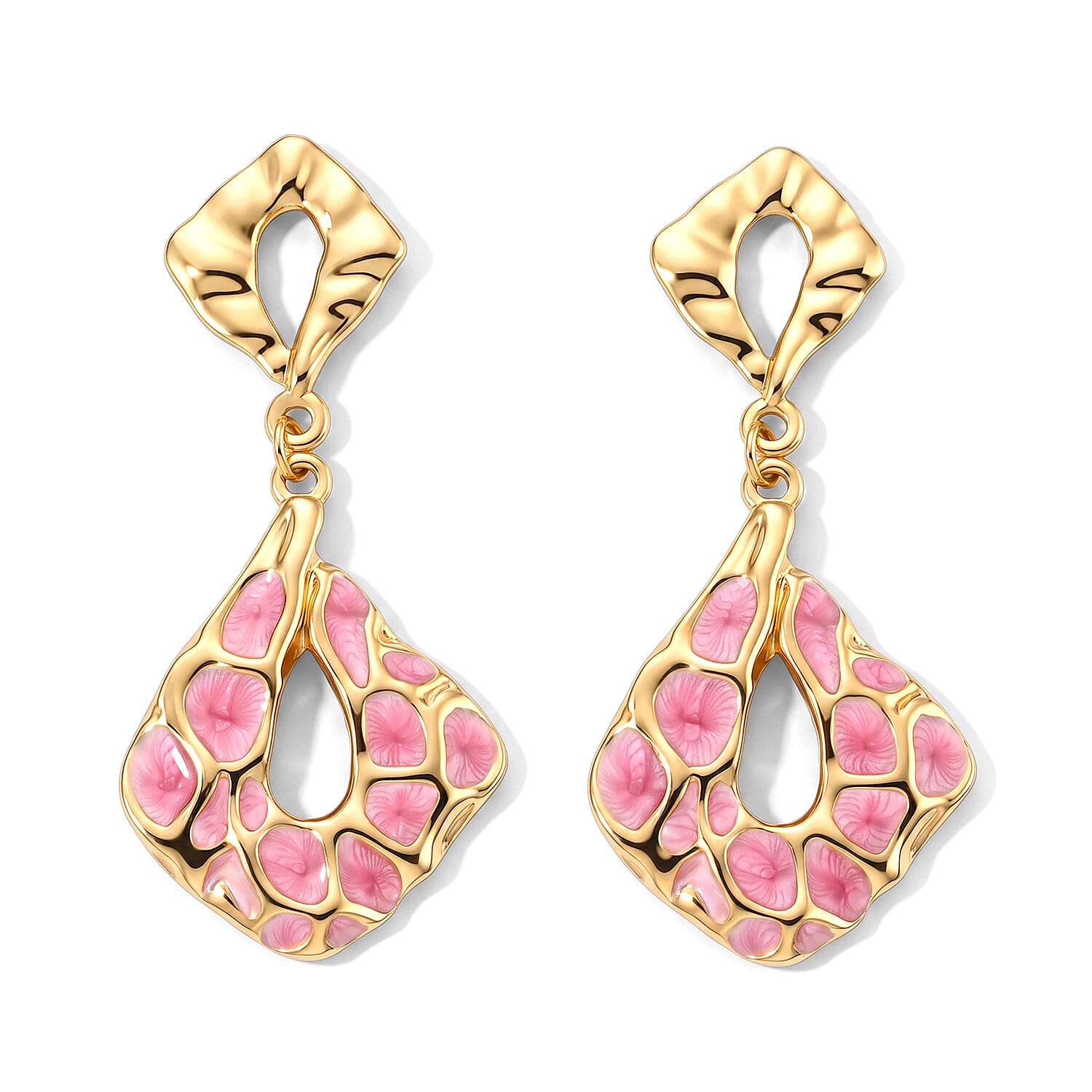 Pink Enameled Mosaic Drop Earrings in ION Plated YG Stainless Steel