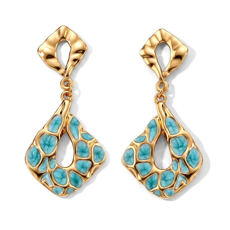 Green Enameled Mosaic Drop Earrings in ION Plated YG Stainless Steel