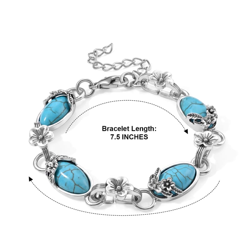 Blue Howlite 25.00 ctw Floral Bracelet in Silvertone (7.50-9.25In)