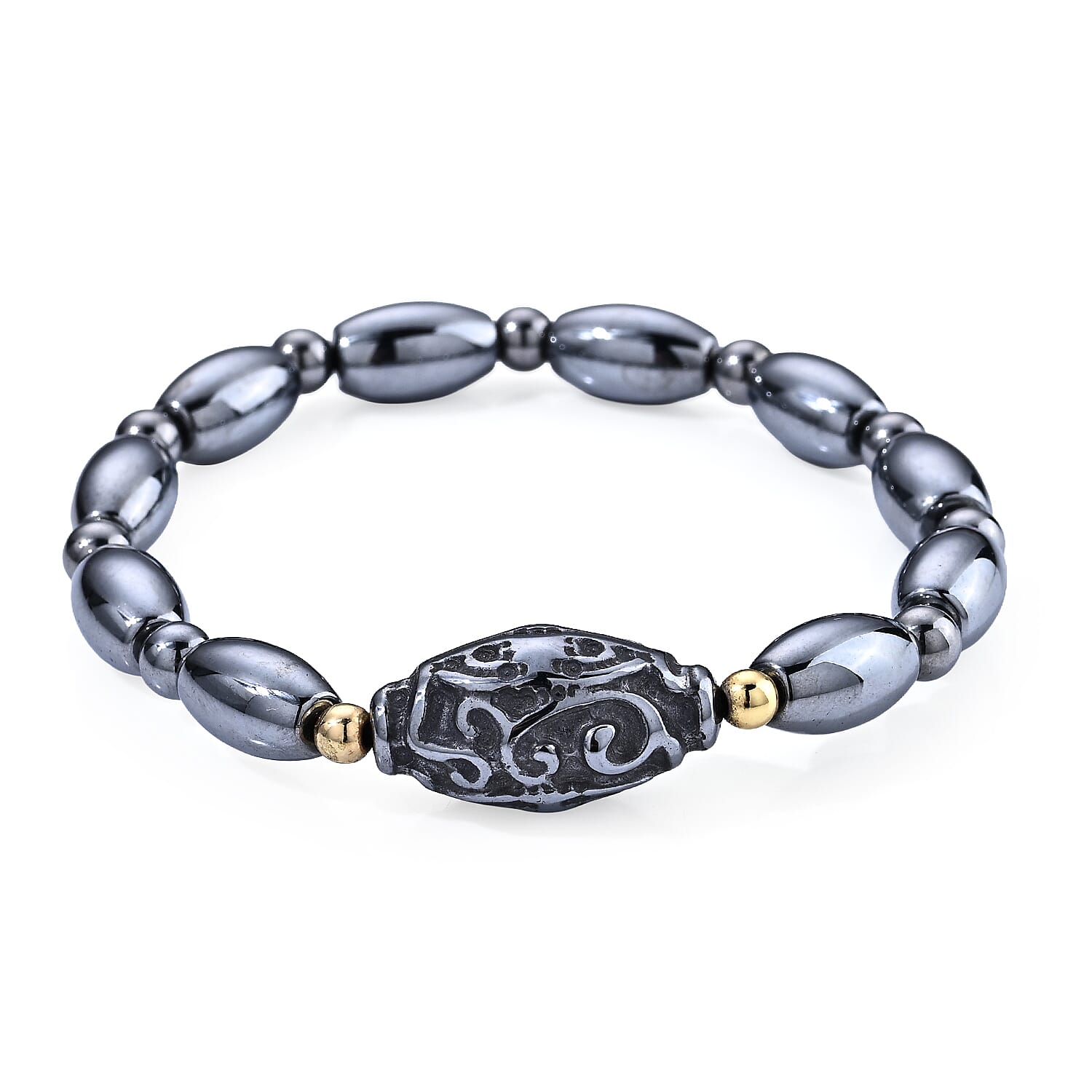 Terahertz 60.00 ctw Carved Dzi Beaded Stretch Bracelet in Silvertone