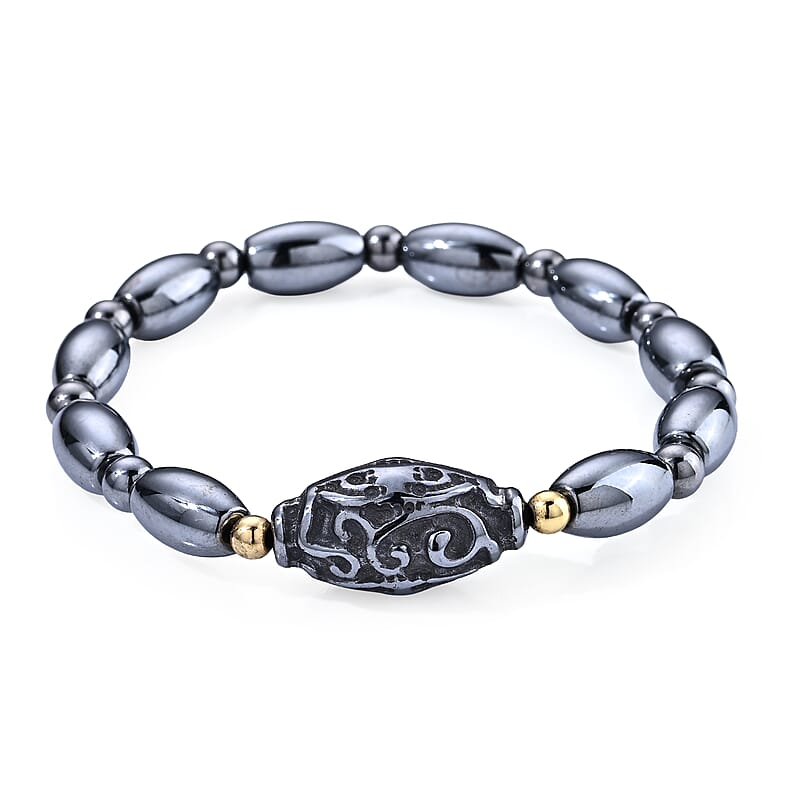 Terahertz 60.00 ctw Carved Dzi Beaded Stretch Bracelet in Silvertone