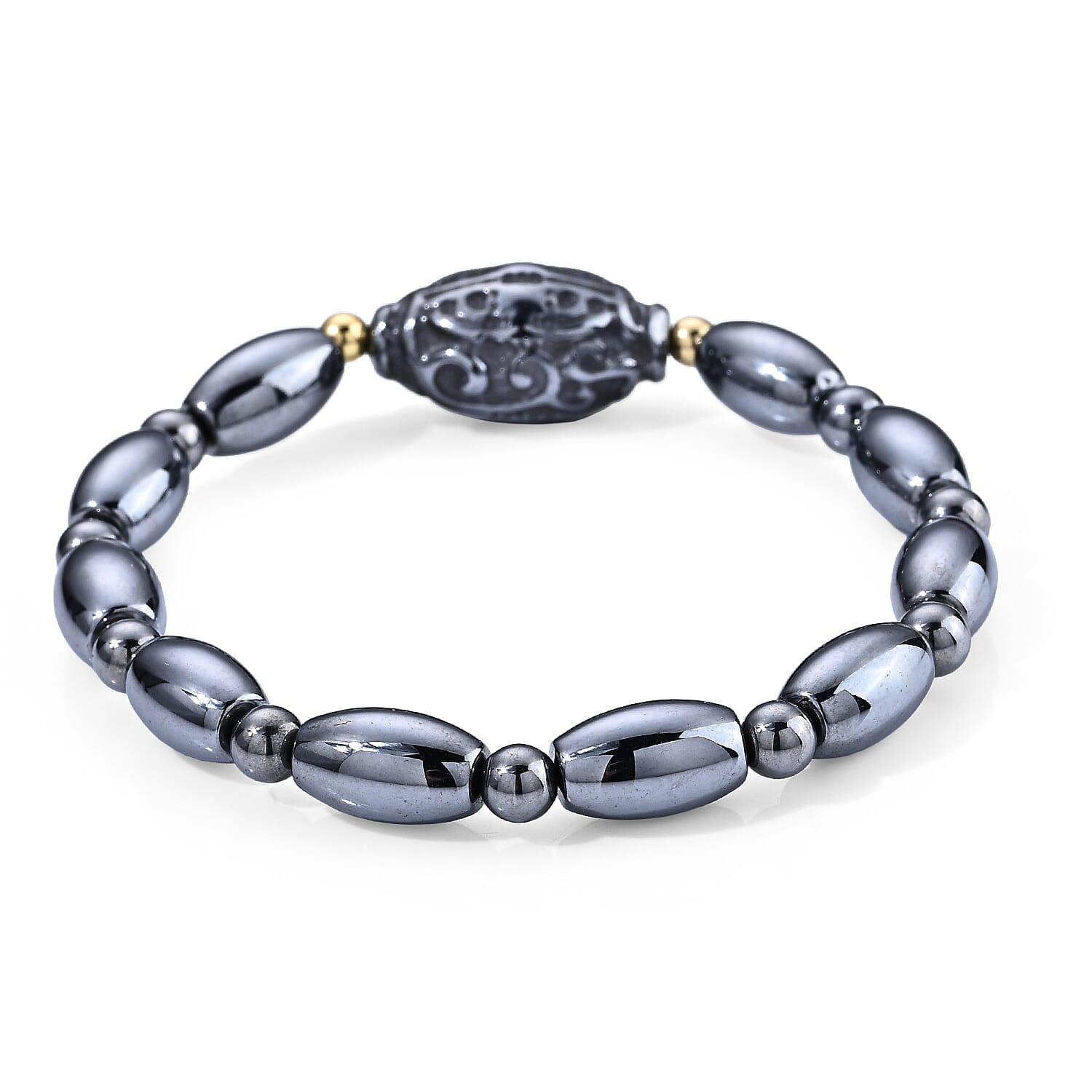 Terahertz 60.00 ctw Carved Dzi Beaded Stretch Bracelet in Silvertone