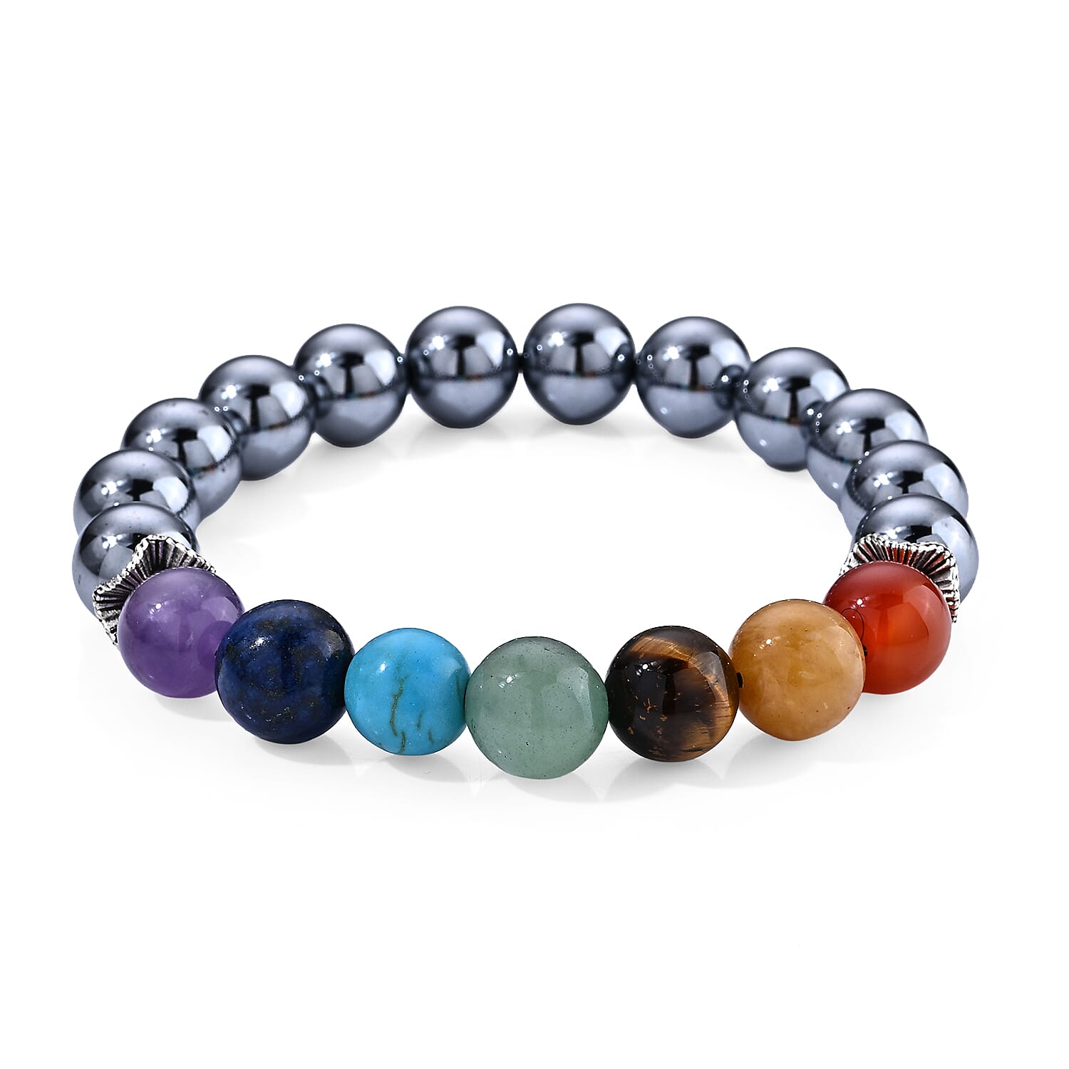 Terahertz and Multi Gemstone 70.00 ctw Severn Chakra Beaded Stretch Bracelet