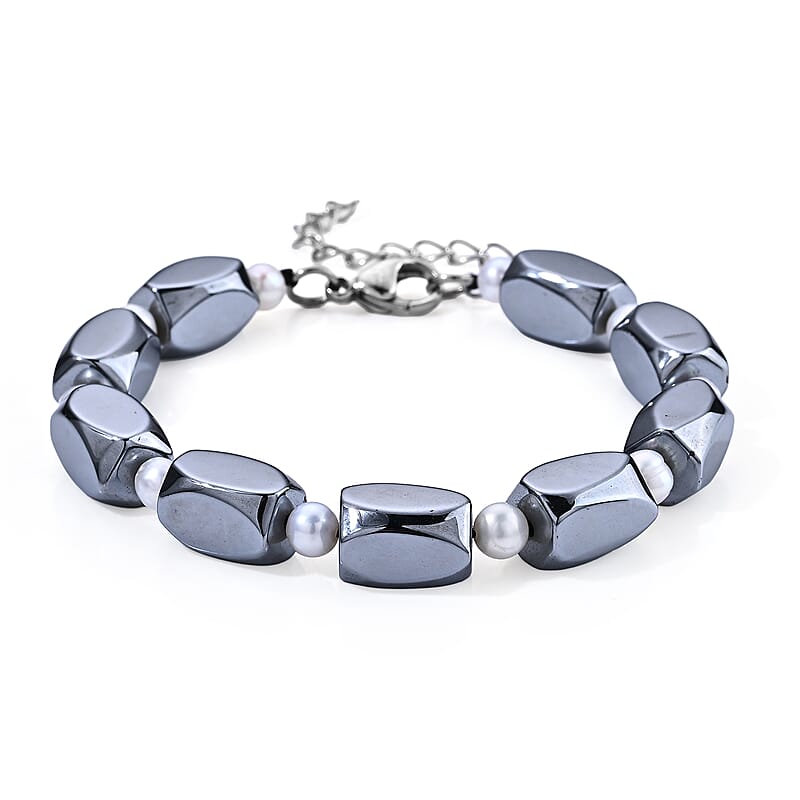 Terahertz Beaded 60.00 ctw, Freshwater Pearl Bracelet in Stainless Steel (7-9In)