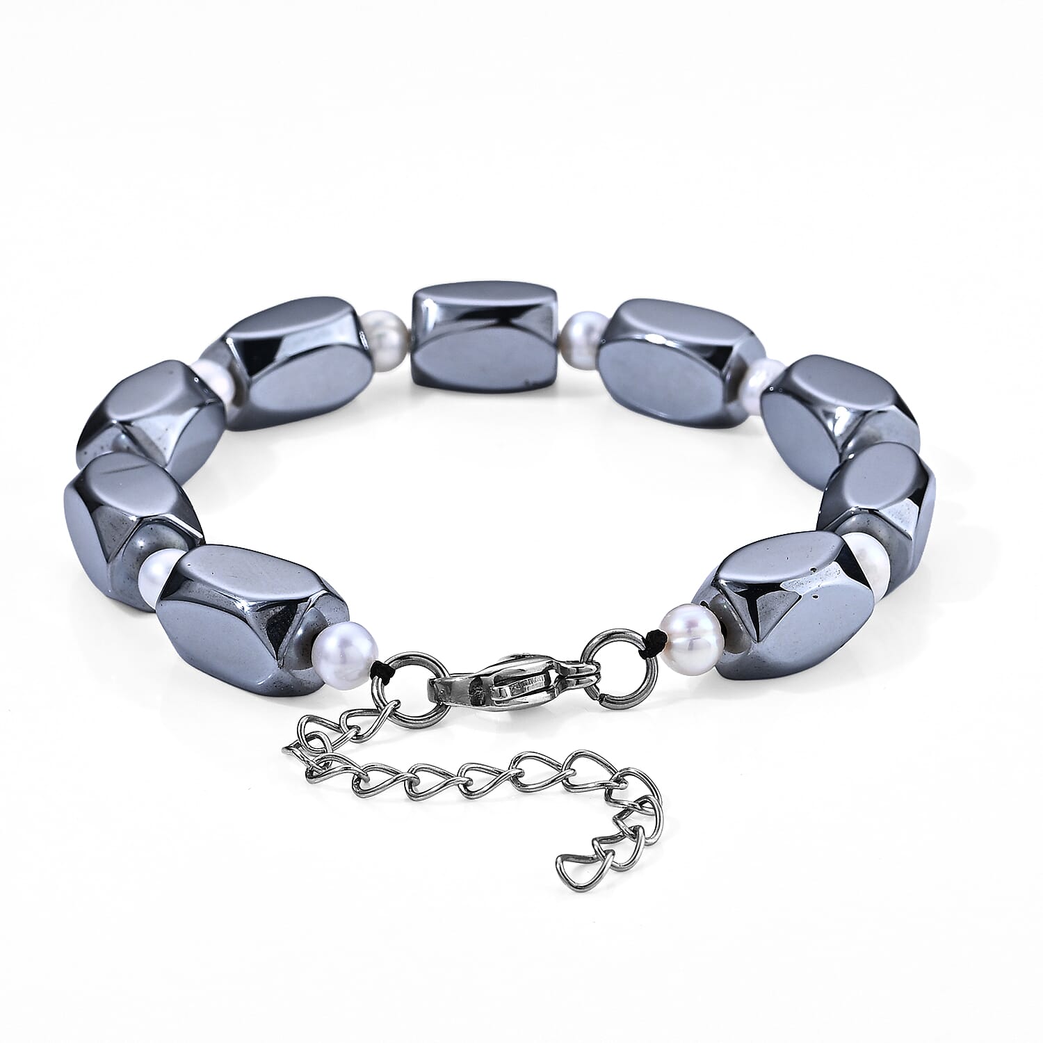 Terahertz Beaded 60.00 ctw, Freshwater Pearl Bracelet in Stainless Steel (7-9In)