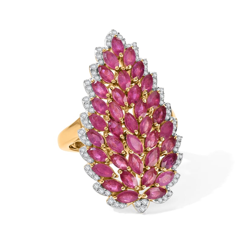 D'Joy Premium Niassa Ruby (FF) and Moissanite 4.60 ctw Flame Petal Ring in 18K Vermeil Yellow Gold Over Sterling Silver (Size 6.0)