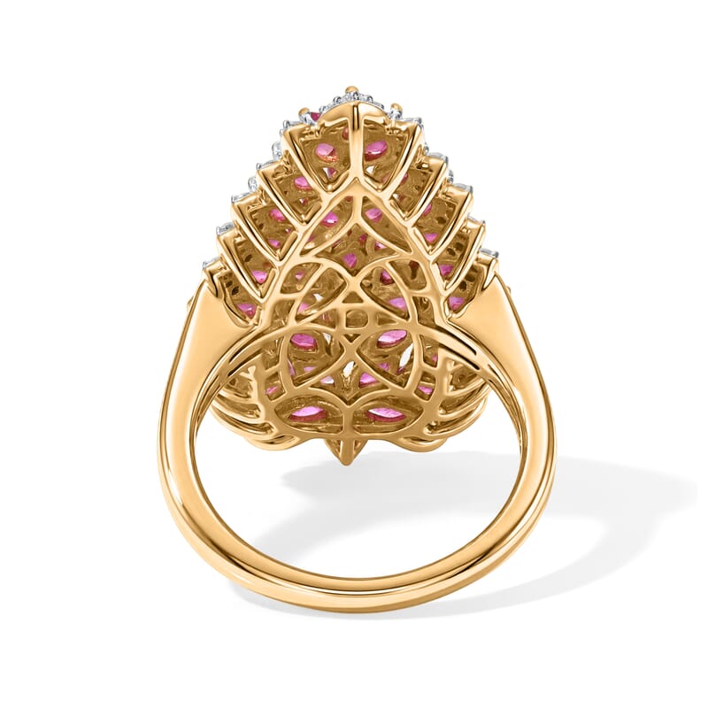 D'Joy Premium Niassa Ruby (FF) and Moissanite 4.60 ctw Flame Petal Ring in 18K Vermeil Yellow Gold Over Sterling Silver (Size 6.0)