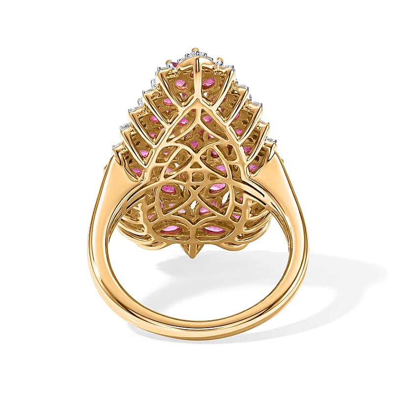 D'Joy Premium Niassa Ruby (FF) and Moissanite 4.60 ctw Flame Petal Ring in 18K Vermeil Yellow Gold Over Sterling Silver (Size 6.0)