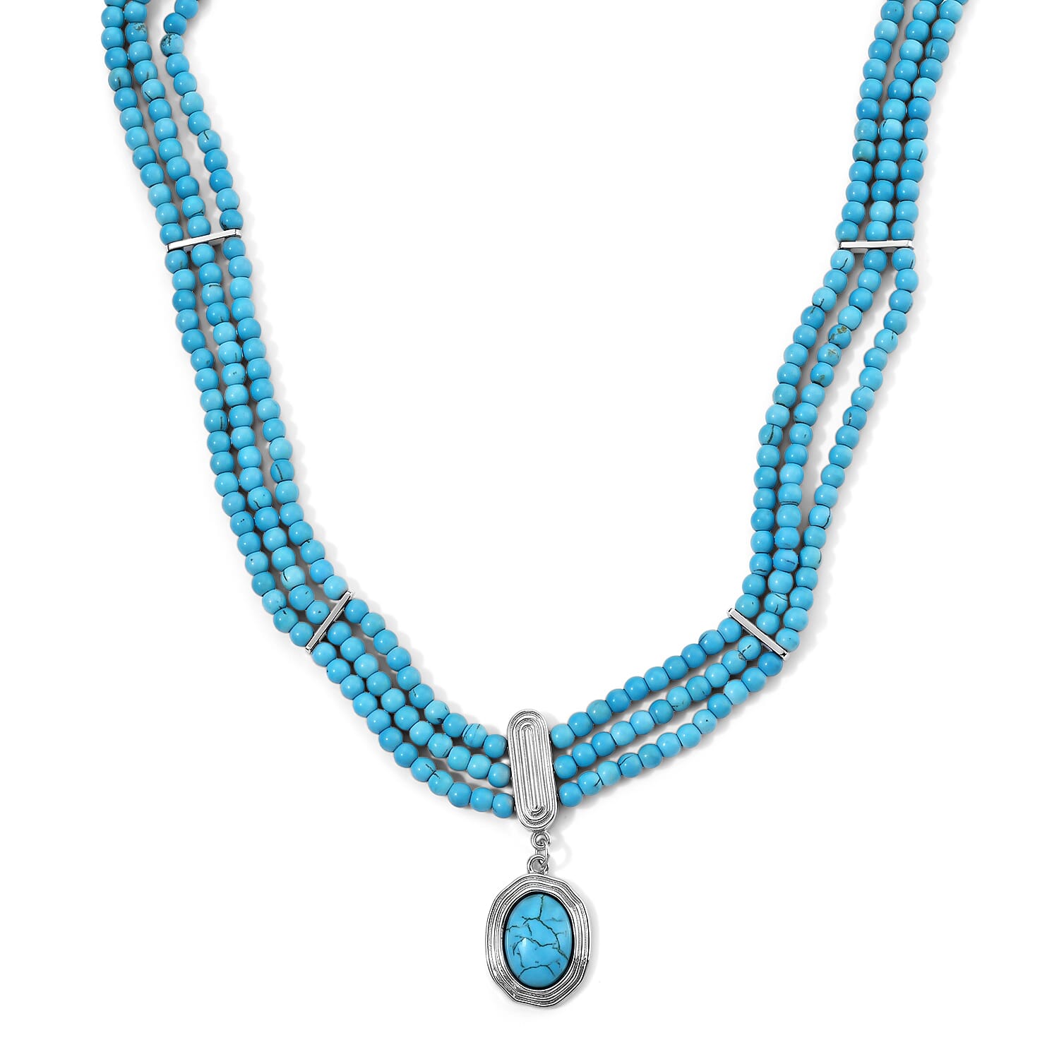 Blue Howlite 200.00 ctw 3 Row Necklace in Silvertone 18-22 Inches