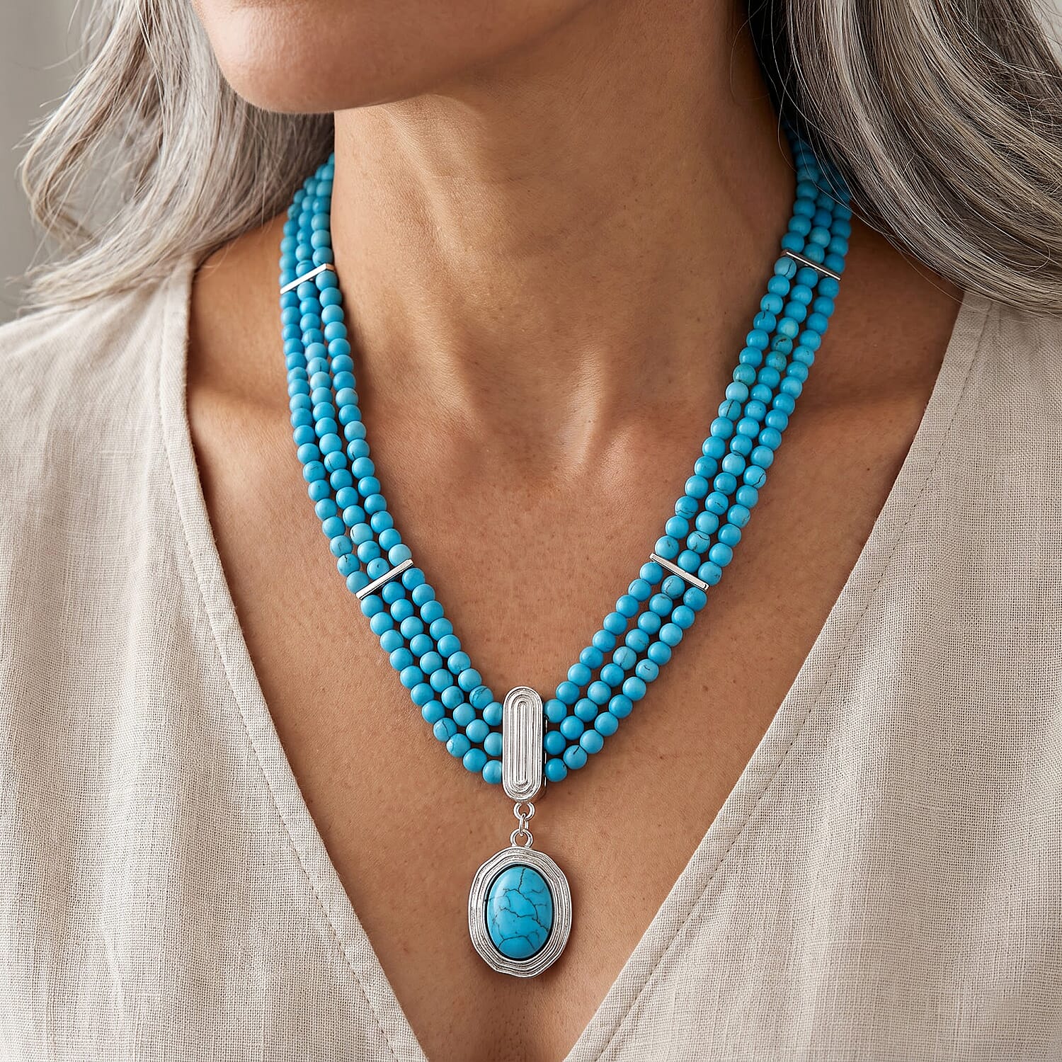 Blue Howlite 200.00 ctw 3 Row Necklace in Silvertone 18-22 Inches
