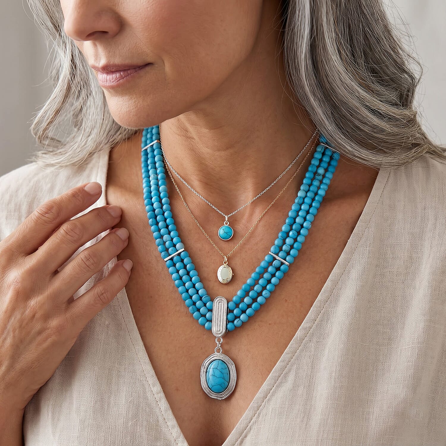 Blue Howlite 200.00 ctw 3 Row Necklace in Silvertone 18-22 Inches