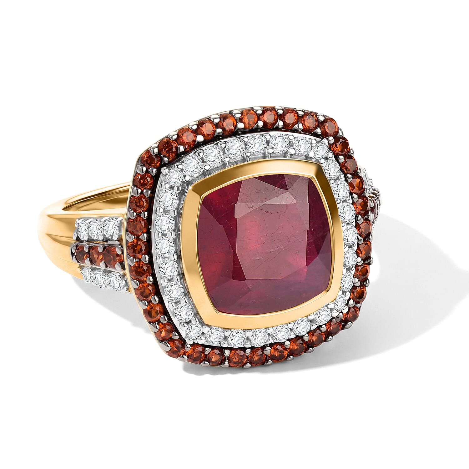 D'Joy Premium Niassa Ruby, White and Champagne Zircon Ring in 18K Vermeil YG Over Sterling Silver (Size 6.0) 5.65 ctw 8688104