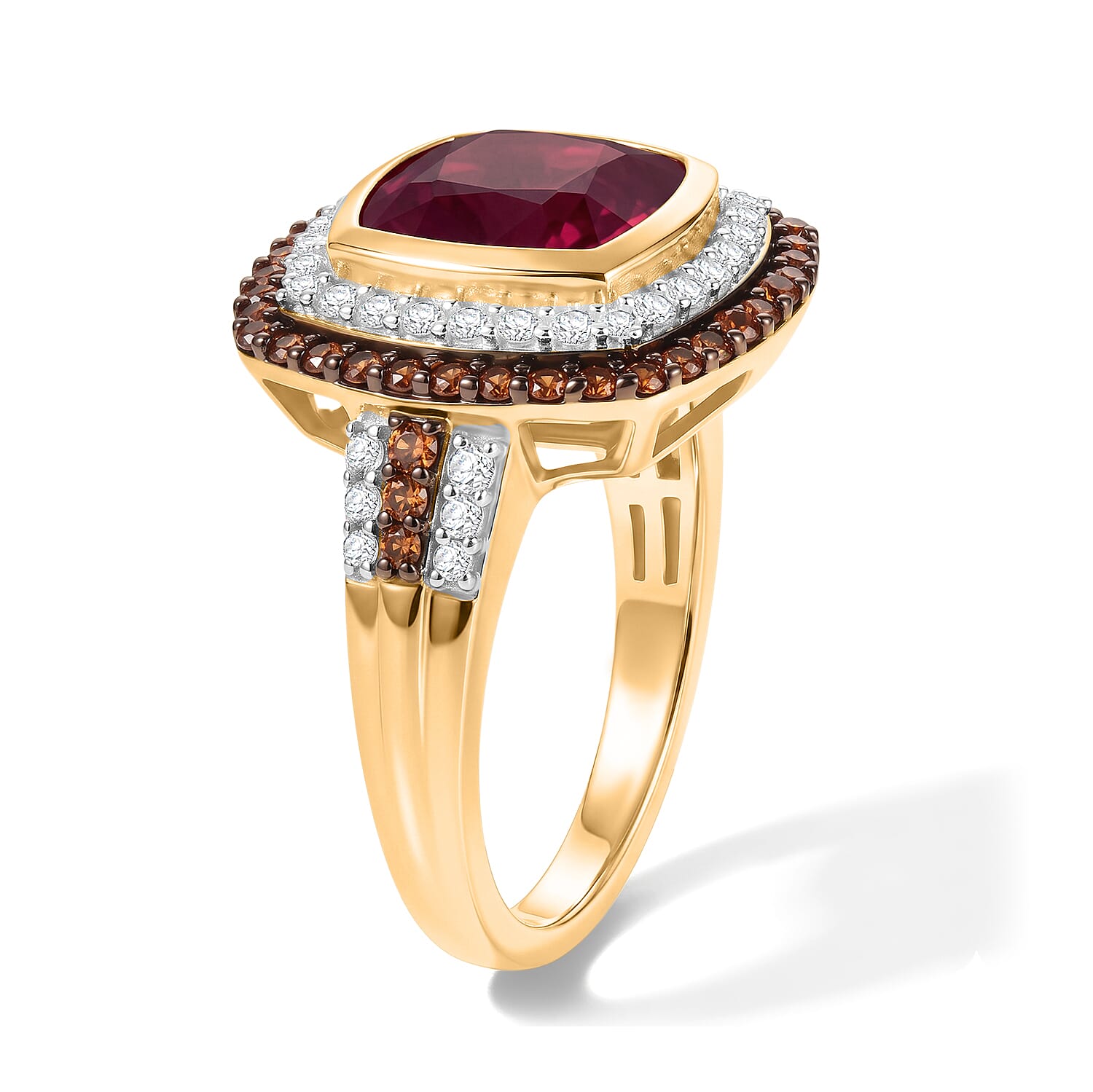D'Joy Premium Niassa Ruby (FF), White and Champagne Zircon 5.65 ctw Passion Royale Ring in 18K Vermeil Yellow Gold Over Sterling Silver (Size 6.0)