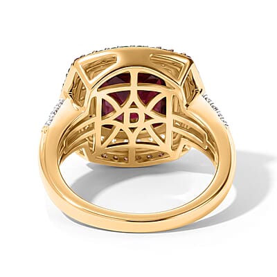 D'Joy Premium Niassa Ruby (FF), White and Champagne Zircon 5.65 ctw Passion Royale Ring in 18K Vermeil Yellow Gold Over Sterling Silver (Size 6.0)