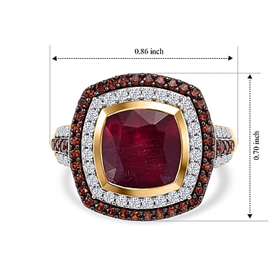 D'Joy Premium Niassa Ruby (FF), White and Champagne Zircon 5.65 ctw Passion Royale Ring in 18K Vermeil Yellow Gold Over Sterling Silver (Size 6.0)