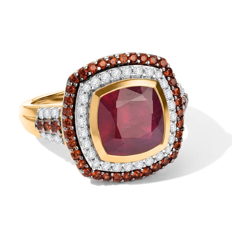 D'Joy Premium Niassa Ruby (FF), White and Champagne Zircon 5.65 ctw Passion Royale Ring in 18K Vermeil Yellow Gold Over Sterling Silver (Size 7.0)