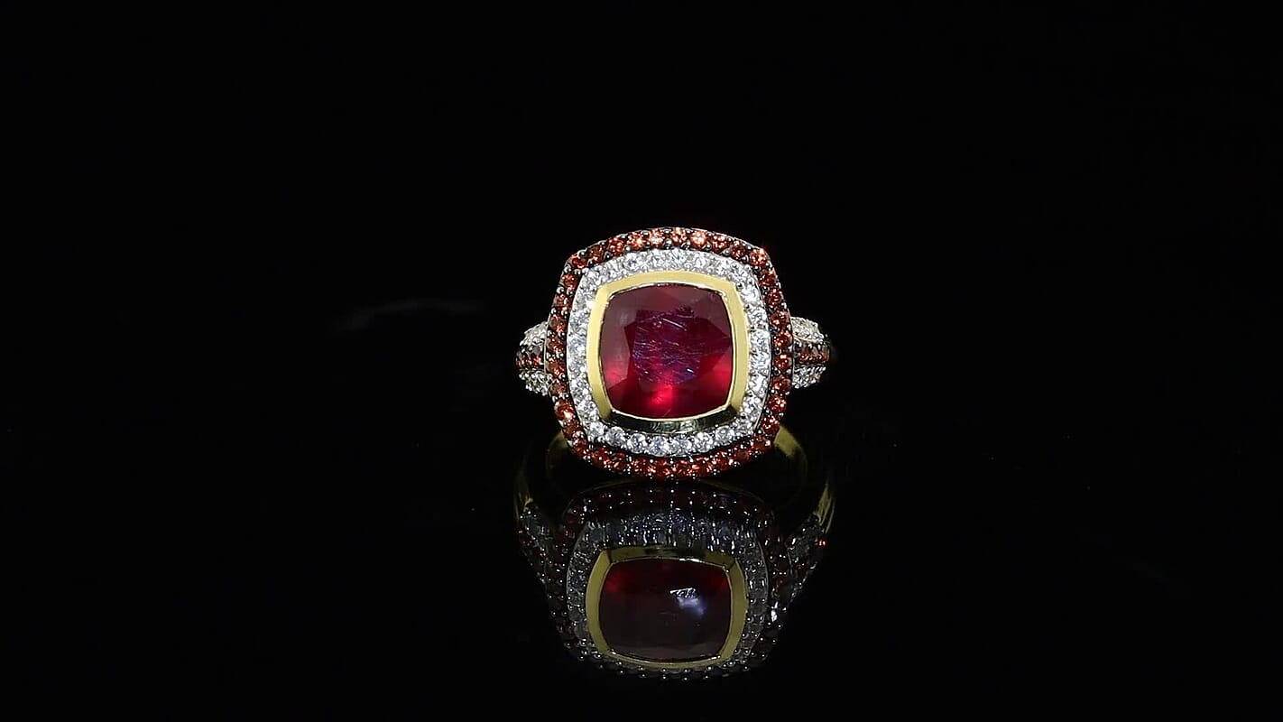 D'Joy Premium Niassa Ruby, White and Champagne Zircon Ring in 18K Vermeil YG Over Sterling Silver (Size 6.0) 5.65 ctw 8688104