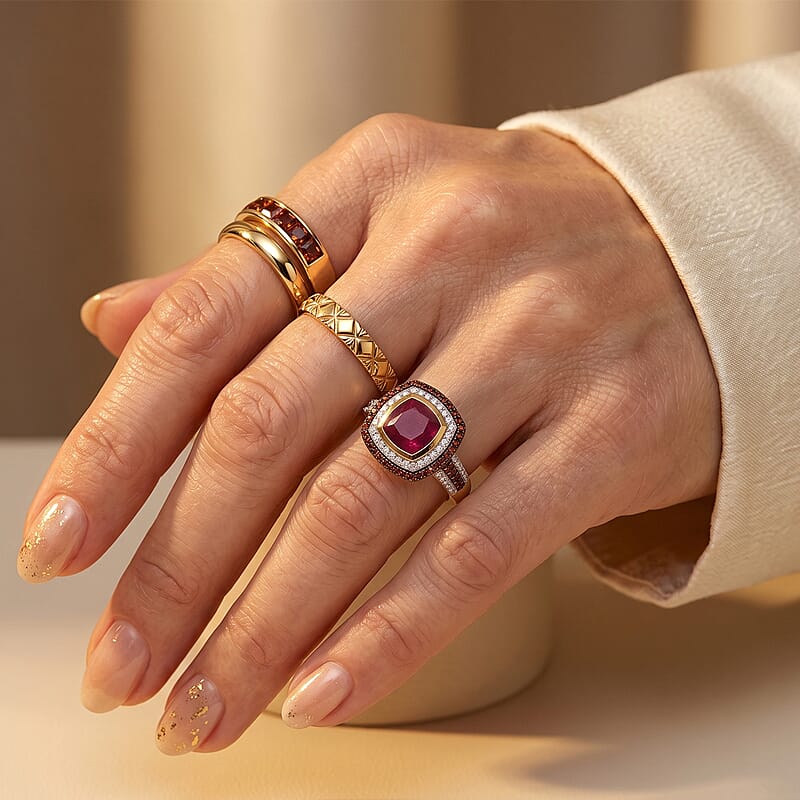 D'Joy Premium Niassa Ruby, White and Champagne Zircon 5.65 ctw Ring in 18K Vermeil Yellow Gold Over Sterling Silver (Size 7.0)
