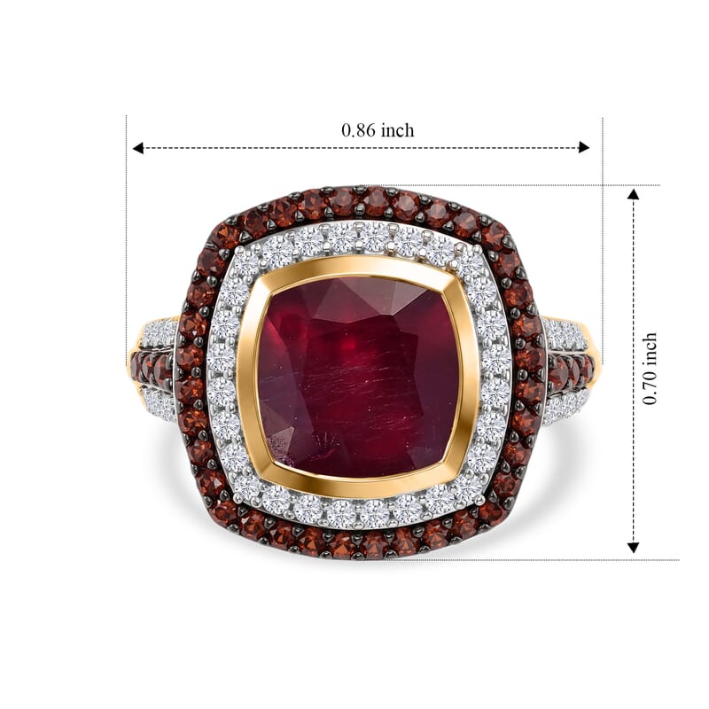D'Joy Premium Niassa Ruby (FF), White and Champagne Zircon 5.65 ctw Passion Royale Ring in 18K Vermeil Yellow Gold Over Sterling Silver (Size 7.0)
