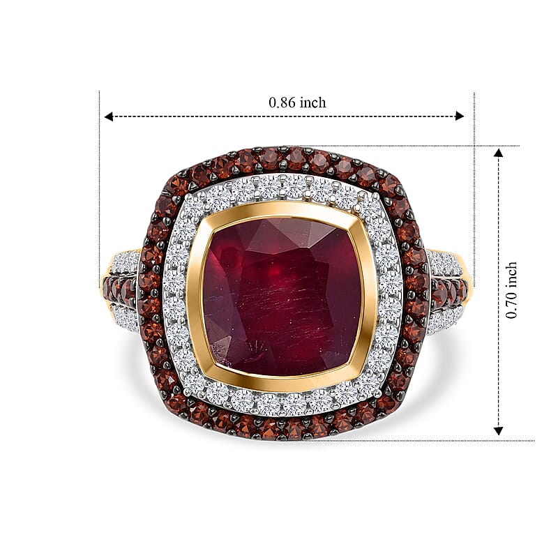 D'Joy Premium Niassa Ruby, White and Champagne Zircon 5.65 ctw Ring in 18K Vermeil Yellow Gold Over Sterling Silver (Size 7.0)