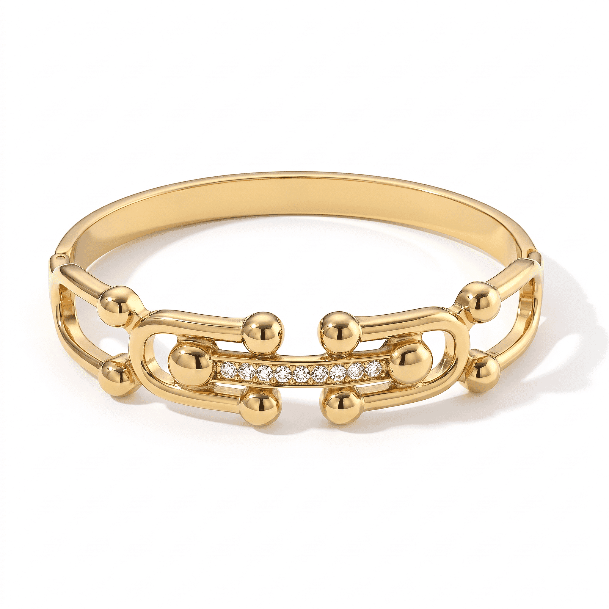 Simulated Diamond Golden Connection Interlocking Link Bangle Bracelet in ION Plated YG Stainless Steel (6.75 In)