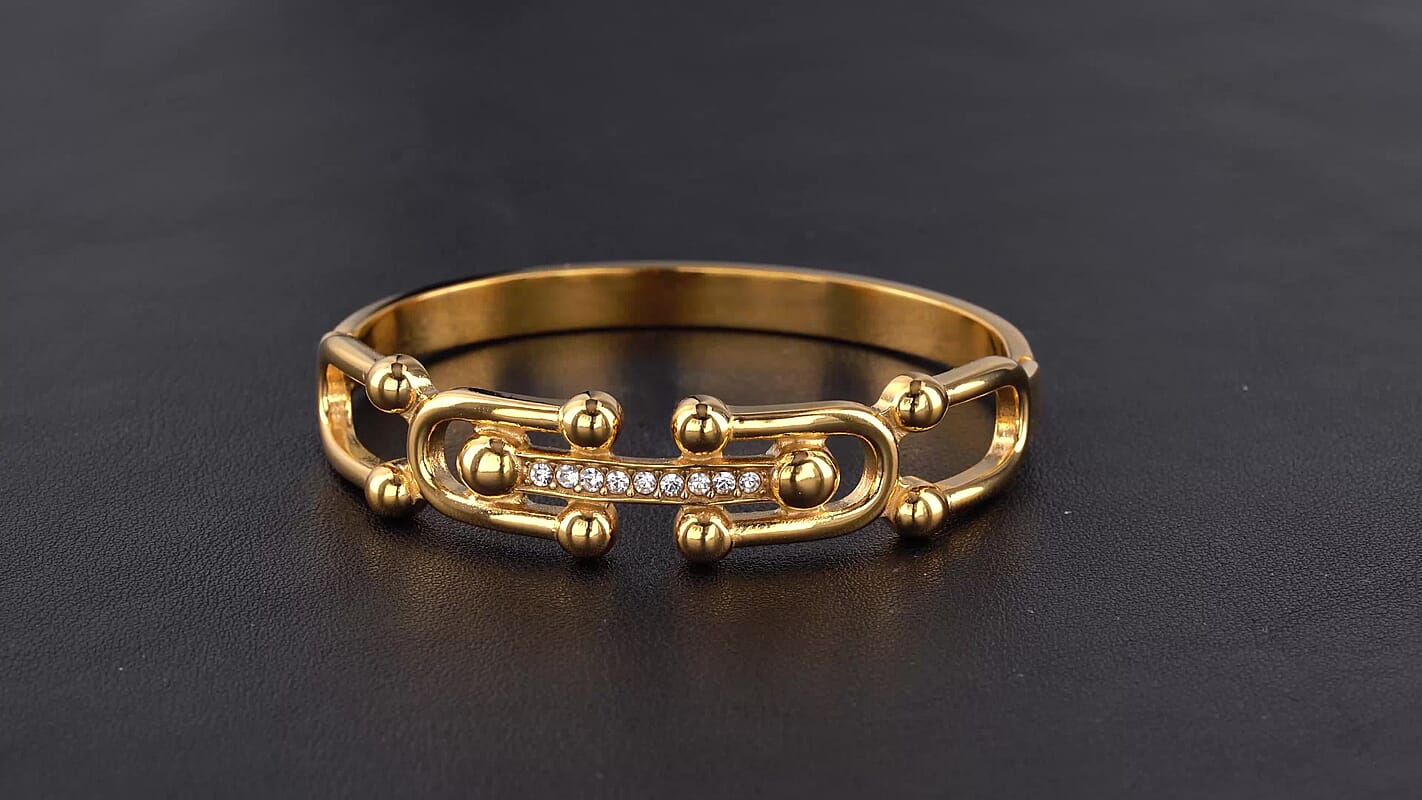 Simulated Diamond Interlocking Link Bangle Bracelet in ION Plated YG Stainless Steel (6.75 In)
