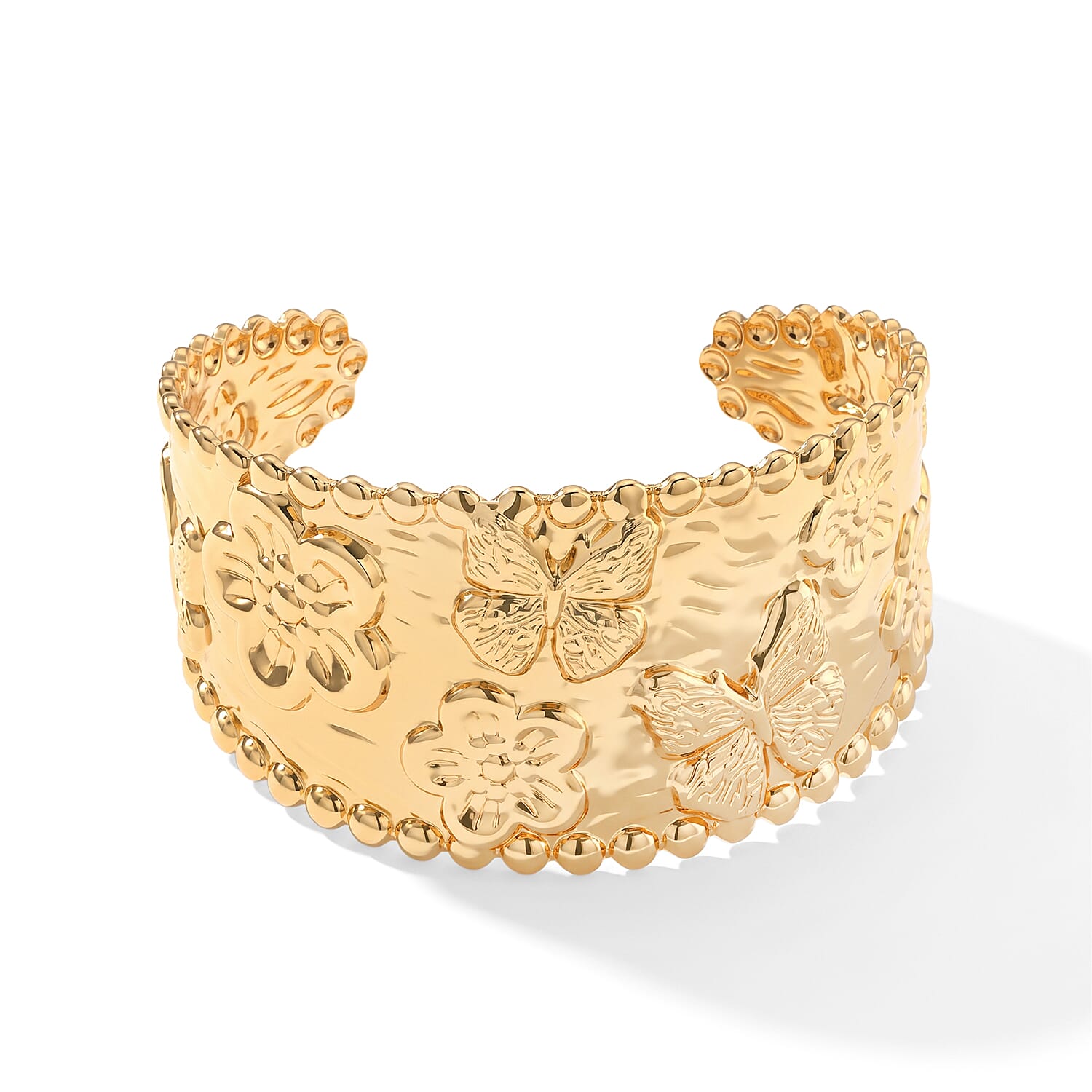 Butterfly Garden Hammered Wide Cuff Bracelet in ION Plated YG Stainless Steel (7.0 In)