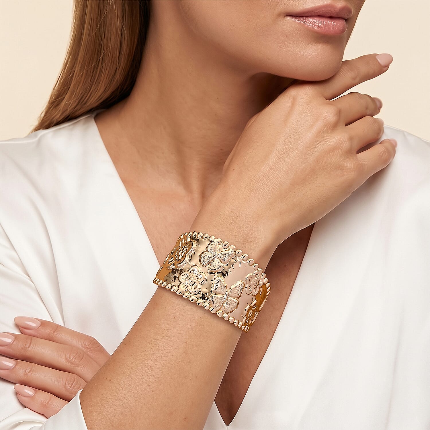 Butterfly Garden Hammered Wide Cuff Bracelet in ION Plated YG Stainless Steel (7.0 In)