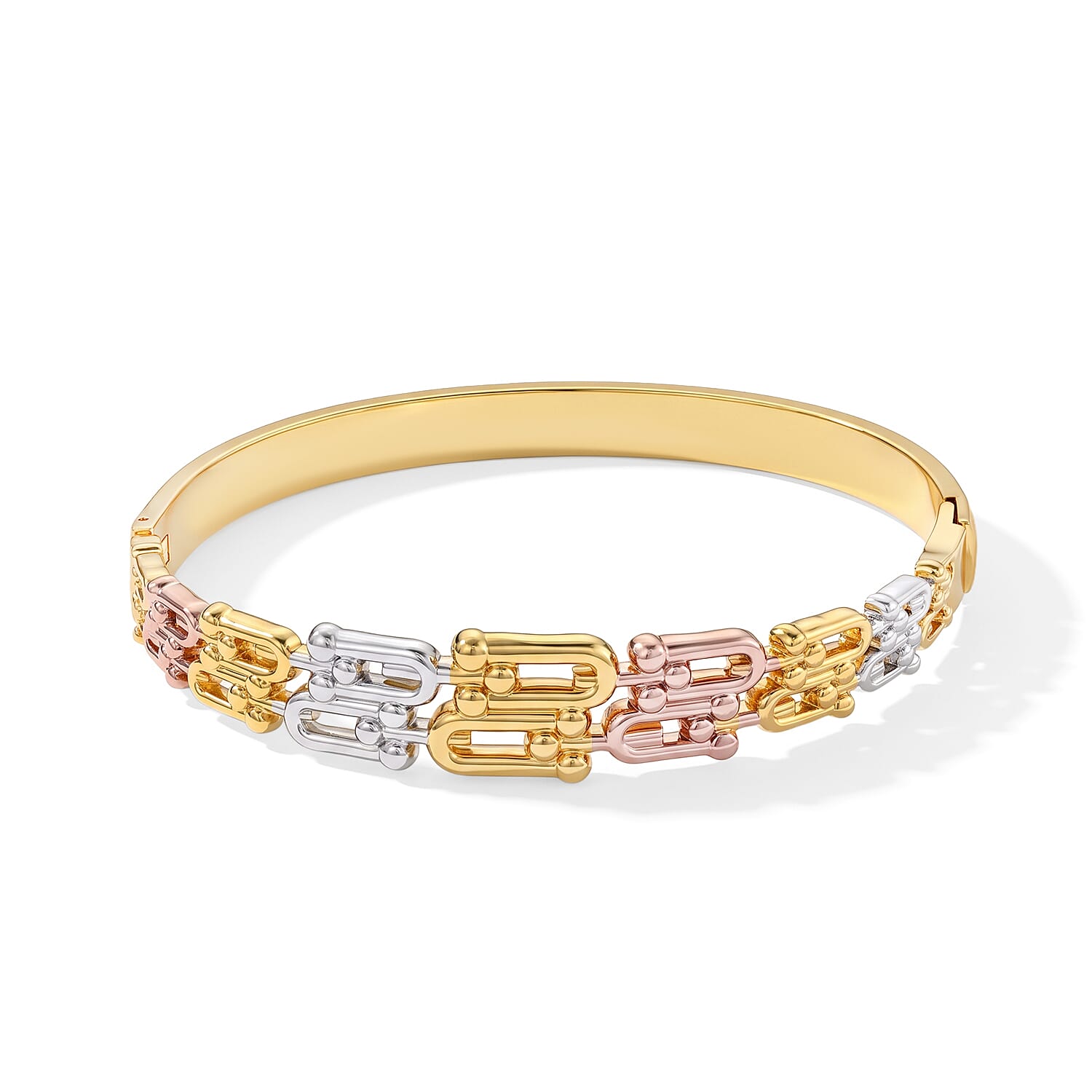 Trending Tri-Tone Geometric Link Bangle Bracelet in ION Plated YRG Stainless Steel (7.0 In)