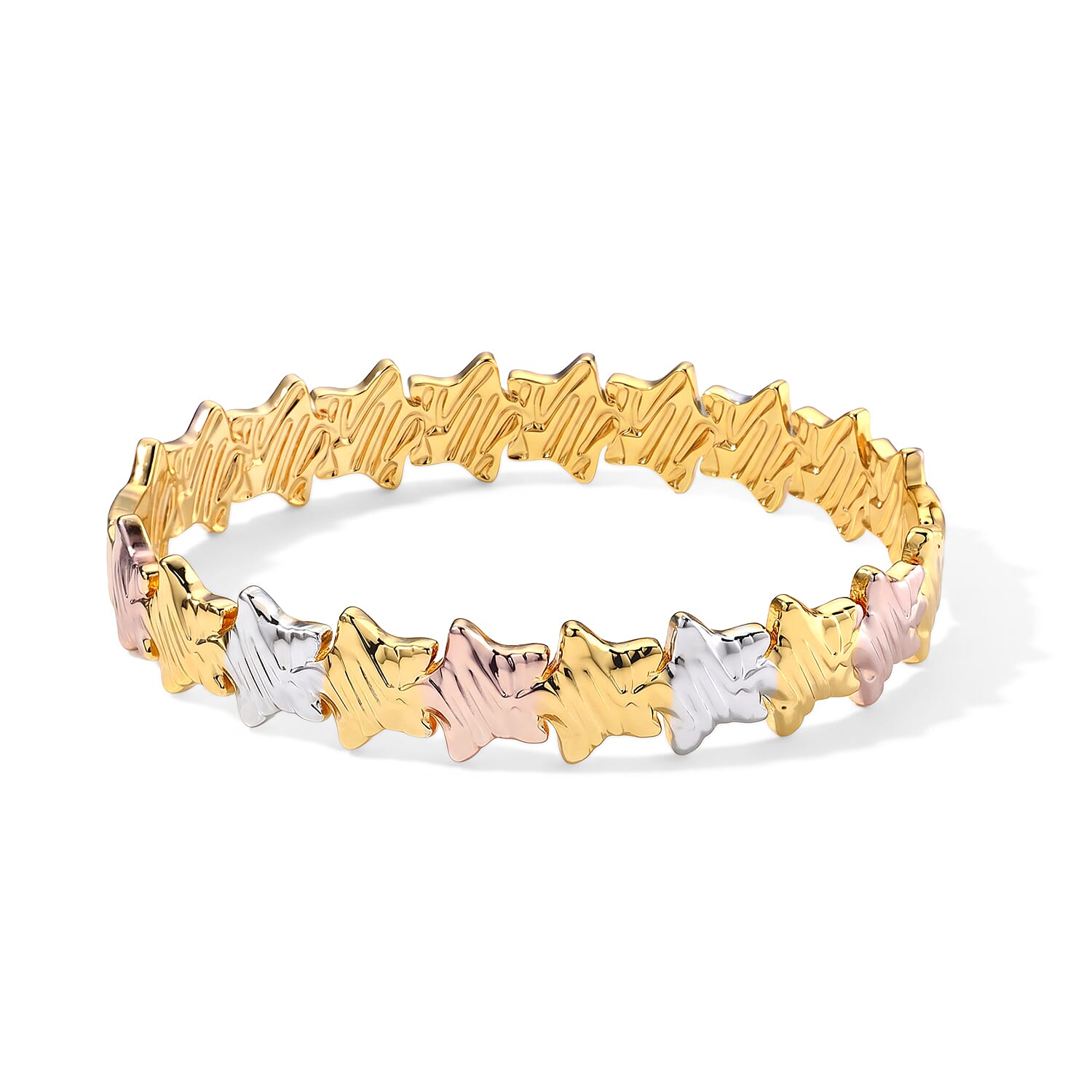 Trending Tri-Tone Star Link Bangle Bracelet in ION Plated YRG Stainless Steel (7.0 In)