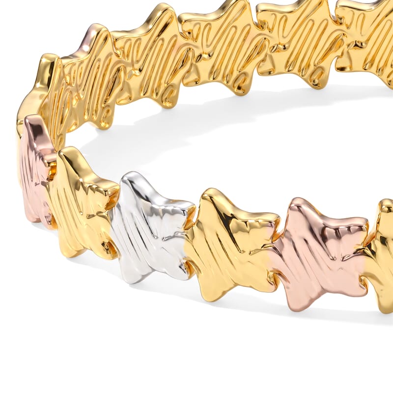 Trending Tri-Tone Star Link Bangle Bracelet in ION Plated YRG Stainless Steel (7.0 In)