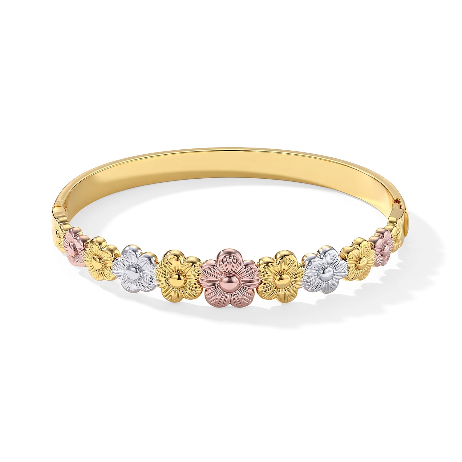 Trending Tri-Tone Floral Link Bangle Bracelet in ION Plated YRG Stainless Steel (7.0 In)