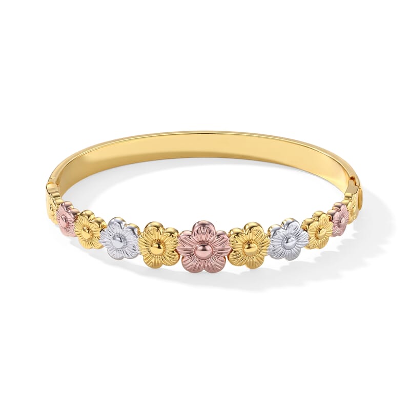 Trending Tri-Tone Floral Link Bangle Bracelet in ION Plated YRG Stainless Steel (7.0 In)