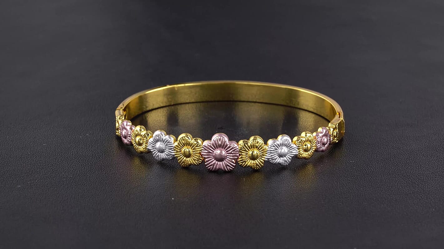 Floral Link Bangle Bracelet in ION Plated YRG and Stainless Steel (7.0 In)